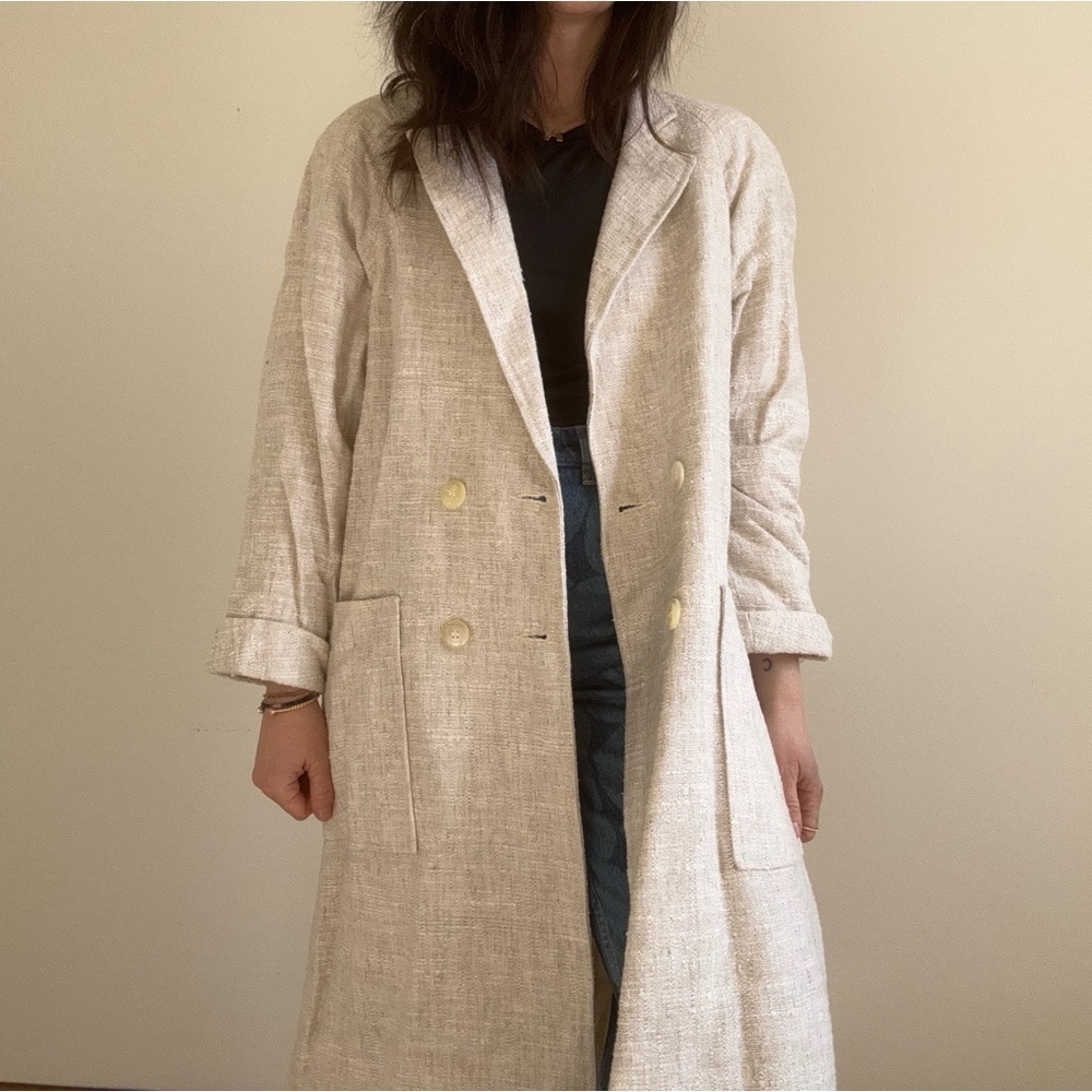 Vintage 80s Ethel Pear for One Up Linen Burlap Overcoat Double Breasted
